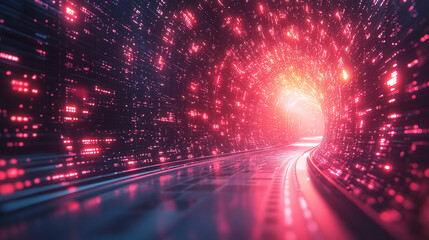 Data stream tunnel with light at end, digital matrix background