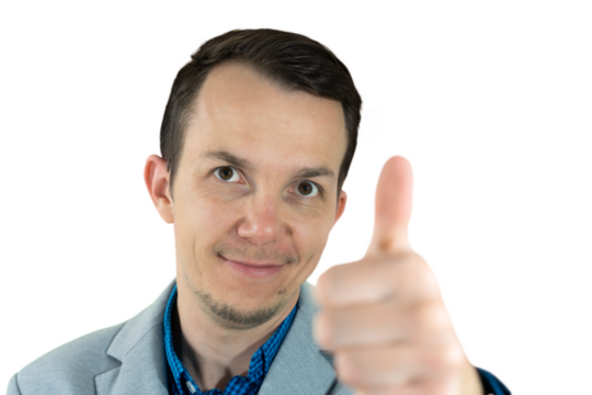 Happy man in business attire giving thumbs up gesture to camera, confident and approving expression, isolated png portrait