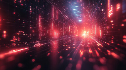 Data stream tunnel with light trails and binary code background
