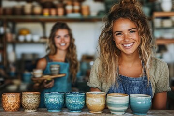 Two smiling female potters with artisan pottery: showcasing the beauty of handmade ceramics, a testament to artistry and craftsmanship.