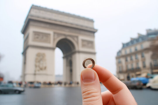 Ring held with arc de triomphe, feeling love commitment