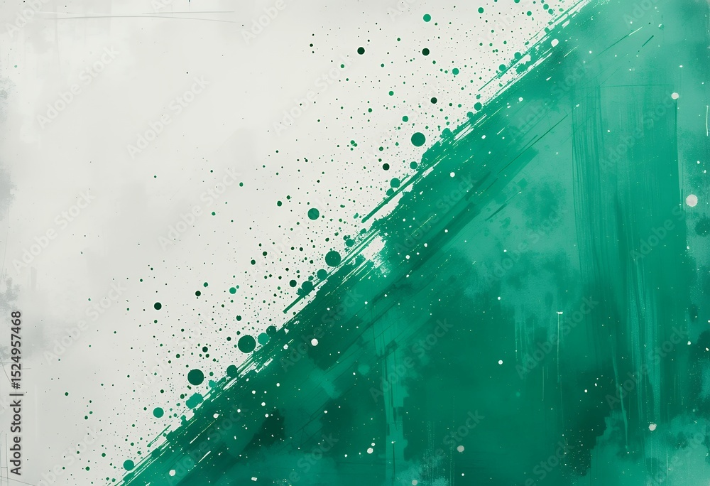 Poster abstract green paint splash and splatter on a white textured background creating dynamic contrast