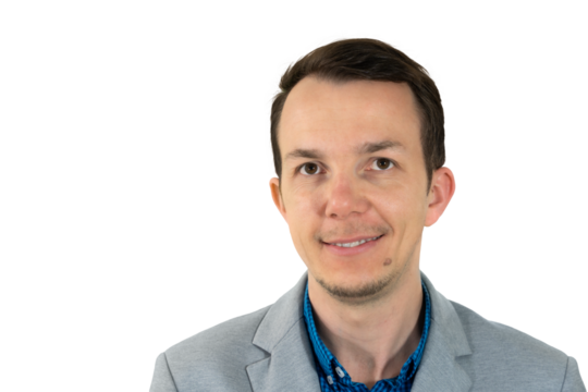 Confident man in business casual attire smiling warmly, portrait close-up, positive and professional mood. isolated png