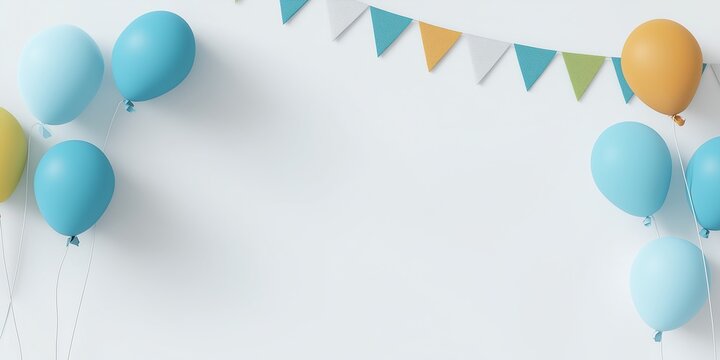 Children's birthday party background with blue and green balloons on white wall, festive banner template for celebration event mockup design - Powered by Adobe