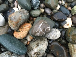 Colorful wet pebbles on the shore. Natural stone texture background.