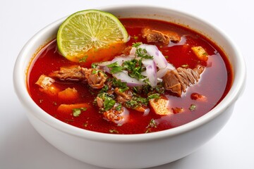 Savoring the rich flavors of menudo, a traditional Mexican soup featuring beef tripe in a spicy red chili broth, served with lime and garnished with onions and oregano