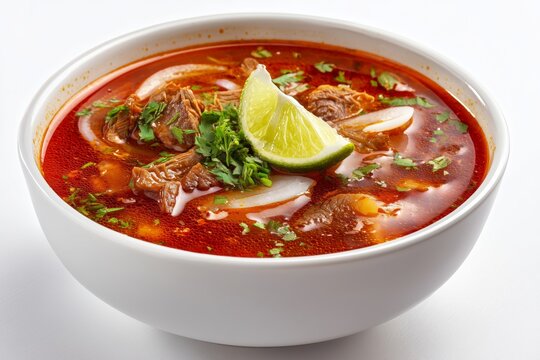 Traditional Menudo soup featuring beef tripe in a red chili broth, garnished with onions, oregano, and lime on a white background