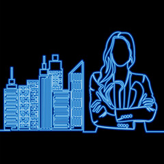 Businesswoman Standing by Skyscrapers Urban Success and Corporate Lifestyle icon neon glow vector illustration concept