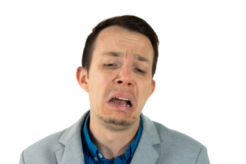 Disgusted man in gray blazer making exaggerated expression, isolated png portrait, emotion of rejection or disapproval