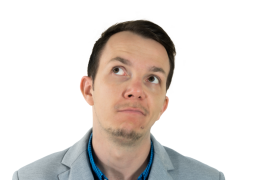 Man in gray blazer looking up thoughtfully with doubtful expression isolated png portrait, concept of uncertainty or pondering decision