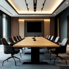 Modern, minimalist conference room with a long wooden table, black chairs, and a large screen