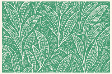 Lush tropical foliage with large leaves forming a dense natural pattern. Vintage linocut style vector art. Green  illustration.