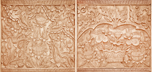 Pattern of flower carved on wood background on the wall of temple Thailand