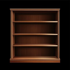 clipart of furniture showing a classic wooden bookshelf with empty shelves and elegant trim details, isolated on a black background