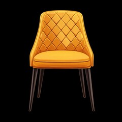 clipart of furniture featuring a stylish yellow dining chair with diamond quilted backrest, cushioned seat, and sleek dark wooden legs, isolated on a black background