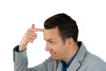 Businessman gesturing toward his temple in mock confusion or disbelief with amused smirk, humorous pose isolated portrait png