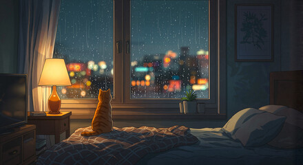 Ginger cat looking out the window at rain in cozy bedroom at night  