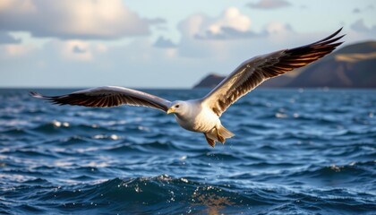 Naklejka premium timeless albatross photographed in a soaring pose in a coastal breeze, in a classic wildlife photography style, with cool sky tones, golden light, high resolution