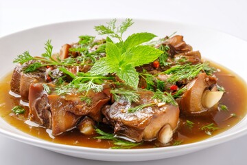 Slow-cooked trotters in flavorful broth garnished with fresh herbs on a white background captures the essence of traditional cuisine with rich textures and vibrant colors