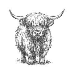 Highland Cow  with retro photocopy stipple effect, for grunge design. Vector illustration in vintage halftone brutalist design for banner or poster