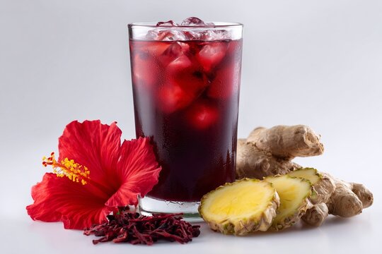 Refreshing zobo drink with hibiscus petals, ginger, and pineapple served chilled in a glass on a white background