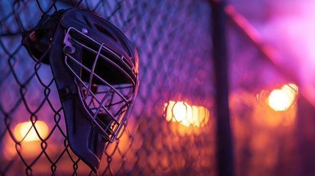 A close-up of a baseball catcher's helmet hanging on a chain-link fence at sunset, with vibrant colors - Powered by Adobe