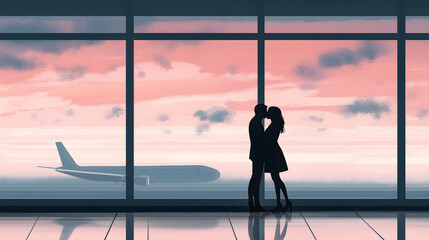 A couple embraces at an airport window as an airplane waits outside under a pink sunset sky.