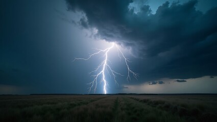 Lightning Strike over Field at Night.