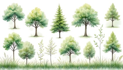 Obraz premium Collection of watercolor tree illustrations in various shapes and sizes with grass elements. Ideal for nature-themed designs, seasonal graphics, and botanical art resources.