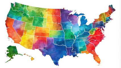 Colorful Watercolor Map of the United States of America States