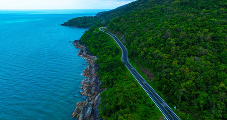 Aerial view of  landscape view from flying drone in Nature as coastline of road way scenic view