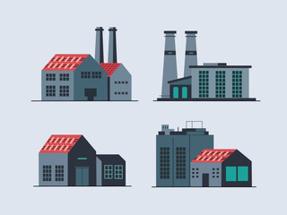 Four industrial factory buildings with red roofs and chimneys are illustrated on light gray background. Each building has unique design, showcasing different architectural styles and structures