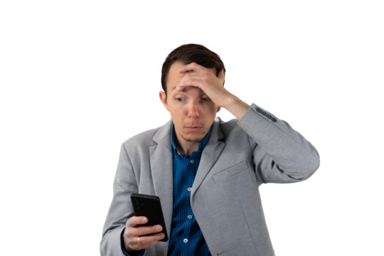 Businessman holding head in shock while reading smartphone, depicting bad news or digital error moment. isolated png