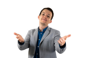 Happy businessman gesturing welcome with both hands, representing open communication and positive approach. isolated png