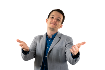 Happy businessman gesturing welcome with both hands, representing open communication and positive approach. isolated png