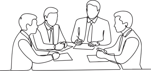 Continuous single line illustration of a business meeting with four people in a professional office discussion setting

