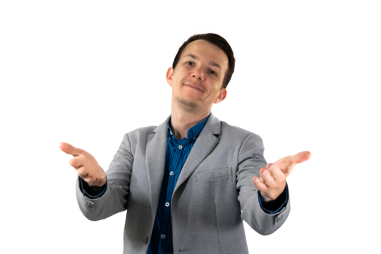 Happy businessman gesturing welcome with both hands, representing open communication and positive approach. isolated png