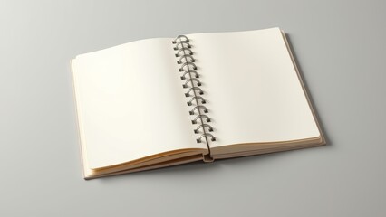 Fototapeta premium an open notebook with blank, cream colored pages is displayed on a light gray surface. the notebook is bound by a silver, spiral shaped metal binding running along the center of the pages