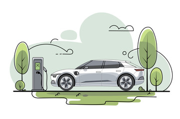 Electric car charging at station in green park setting, surrounded by trees and clouds, illustrating eco friendly transportation