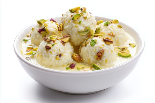 Delicious rasmalai featuring soft cheese balls in sweetened milk with cardamom, adorned with chopped pistachios on a pristine white background