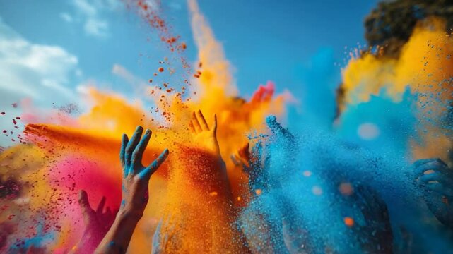 Colorful Holi Festival Celebration: People Throwing Vibrant Powder in the Air Under Blue Sky