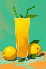 Glass of Fresh Lemon Juice and Ripe Lemons.