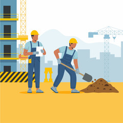 Two construction workers are on building site, one holding clipboard and other shoveling dirt. They wear safety helmets and overalls, with cranes and building in background