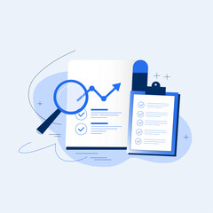 Illustration of clipboard with checklist, magnifying glass, and upward graph symbolizing analysis and progress. blue and white color scheme adds professional touch