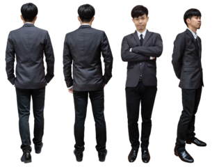 Group of rear front side and walk view of young asian business man in formal suit with png transparent background full length.