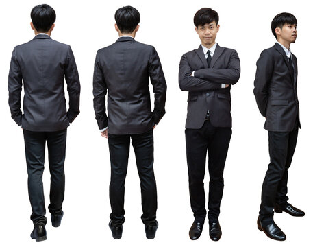 Group of rear front side and walk view of young asian business man in formal suit with png transparent background full length. - Powered by Adobe