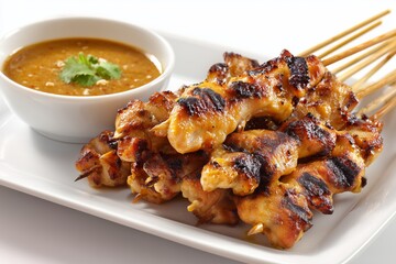 Naklejka premium Grilled chicken skewers served with peanut sauce on a white plate, highlighting traditional Southeast Asian cuisine and vibrant flavors