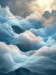 Breath-taking aerial view of massive billowing snow clouds illuminated by sunlight, showcasing natural beauty and the power of winter weather phenomena