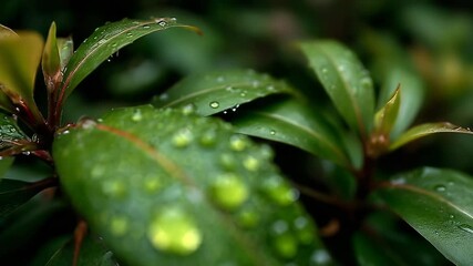 Macro shot of water droplets on a vibrant green leaf after rain with shallow depth of field and natural lighting - Powered by Adobe