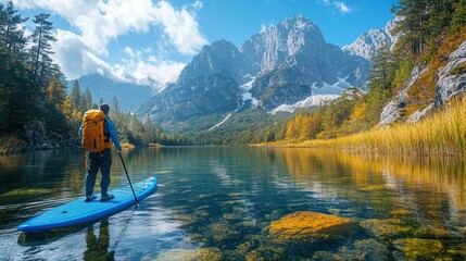 Adventurous man enjoying the serene beauty of a mountain lake paddleboarding in nature with mountain backdrop